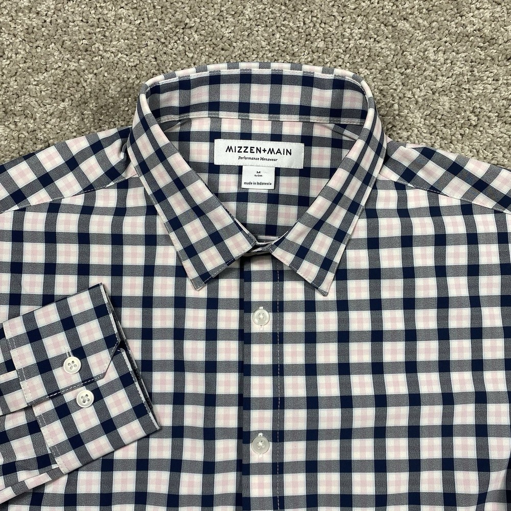Mizzen Main Shirt Mens M Check Trim‎ Fit Performance Stretch Pink Blue Button